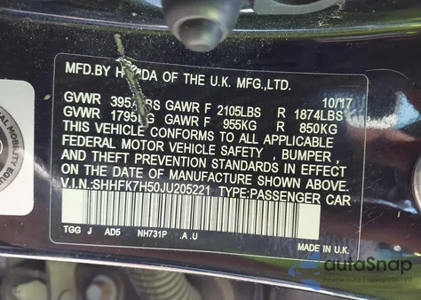 2018 Honda Civic Ex from USA, damaged, VIN SHHFK7H50JU205221